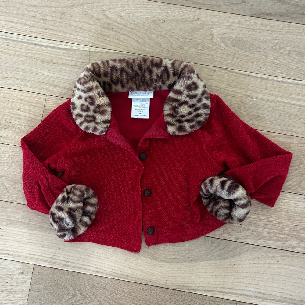 Vintage American Girl Bitty Baby Red Kids Jacket‎ with Leopard Print Trim